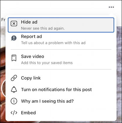 facebook newsfeed advert - how to hide - menu