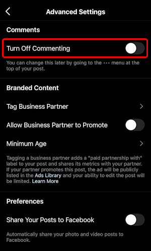 instagram post - disable comments - turn off commenting