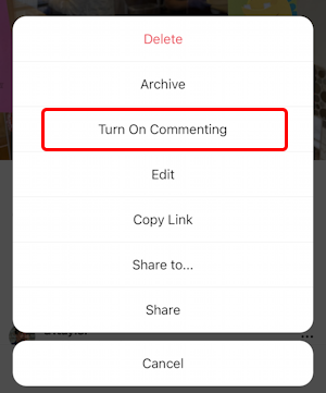 instagram post - disable comments - turn on commenting