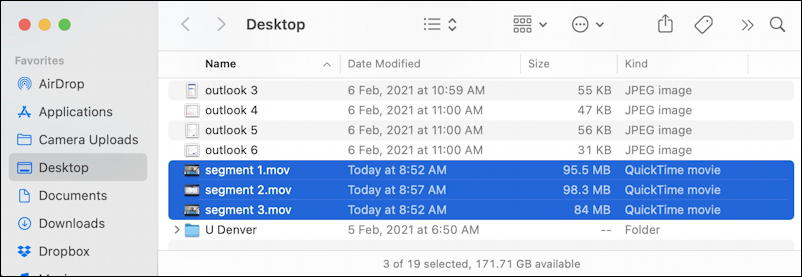 mac finder - three video segments highlighted