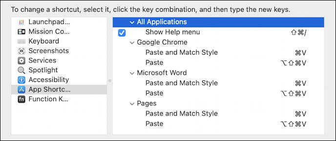 macos 11 - system preferences - keyboard shortcuts - final shortcuts listing