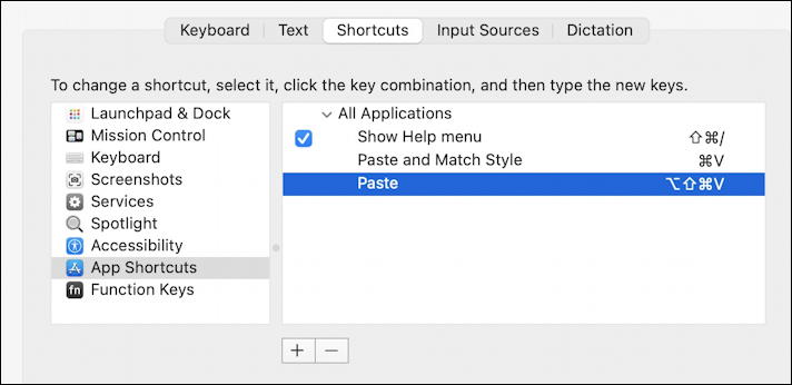 macos 11 - system preferences - keyboard shortcuts - paste remapped