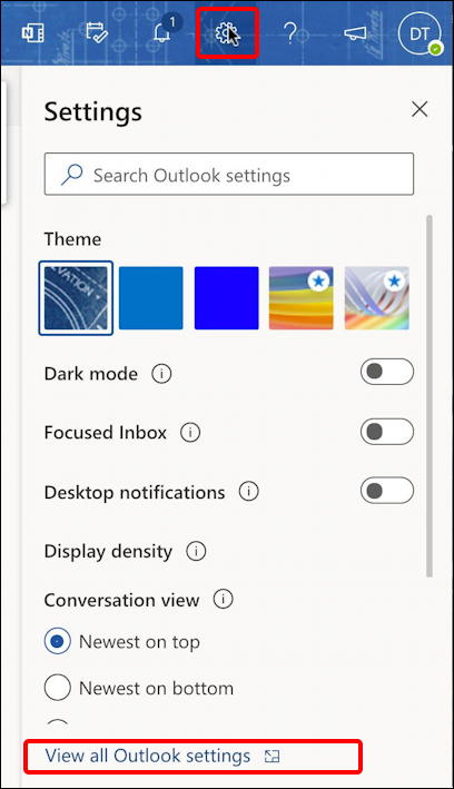 outlook.com email - settings menu