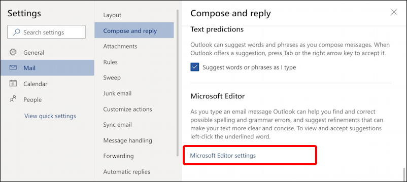 outlook.com email - settings - mail - compose & reply