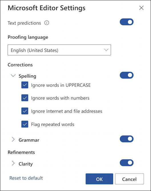 outlook.com email - microsoft editor spelling settings