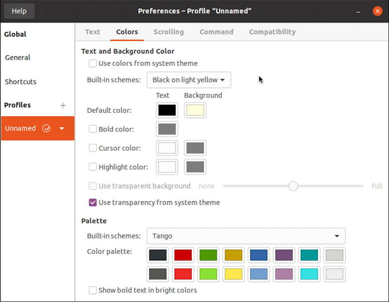 ubuntu linux - terminal app - unnamed profile settings - colors theme settings