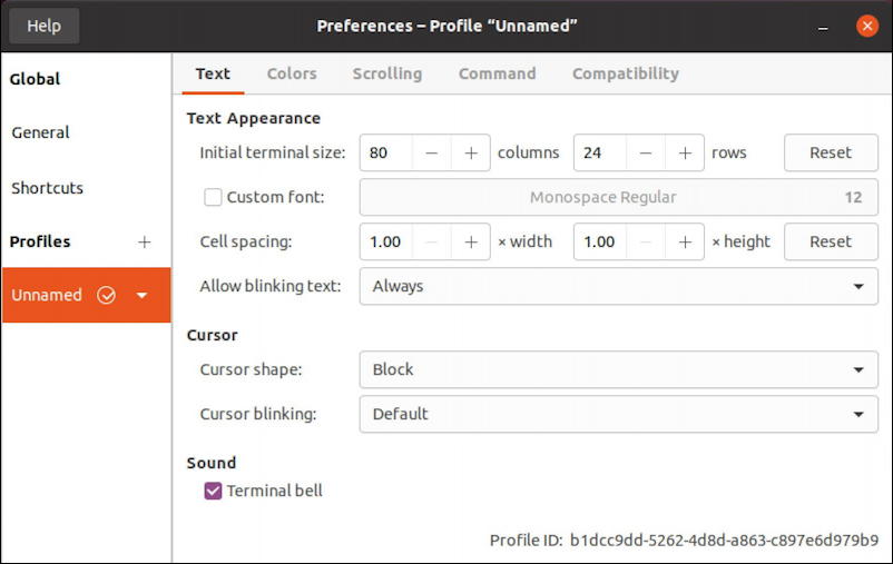 ubuntu linux - terminal app - unnamed profile settings - 