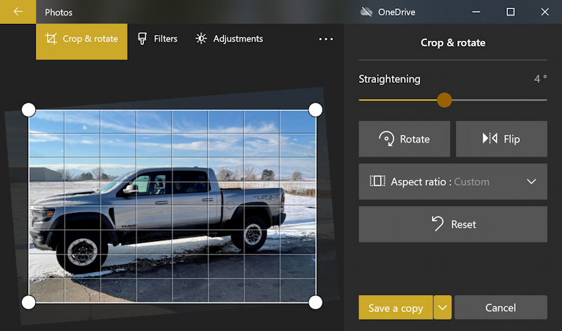 win10 photos - rotate - fix horizon - ram 1500 truck - straightening grid