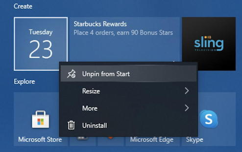 how to delete win10 start menu tile shortcut