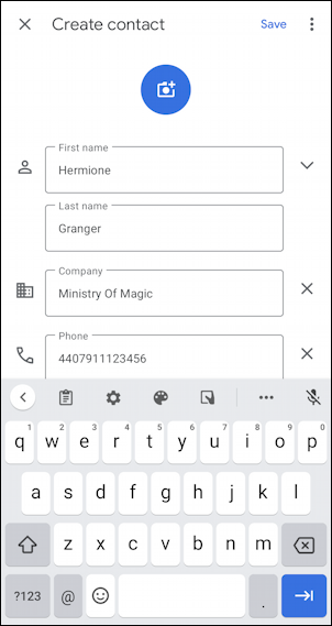 android add contact name phone email - hermione granger