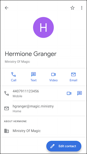 phone contact for hermione granger - android -