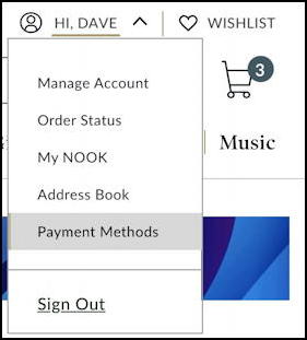barnes and noble - payment methods account info menu