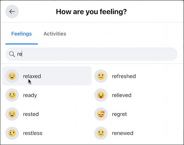 facebook post window - add to your post - how are you feeling? search