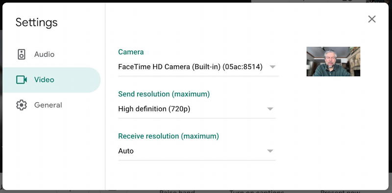 google meet hangout - video settings