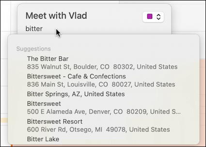 mac macos calendar - recurring event - list of venue matches