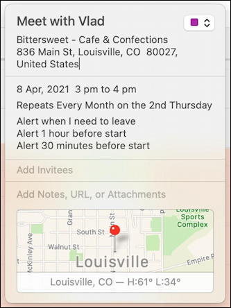 mac macos calendar - recurring event - venue map
