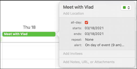 mac macos calendar - recurring event - specify all day