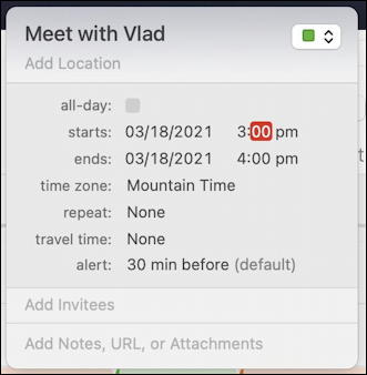 mac macos calendar - recurring event - start time