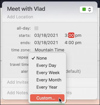 mac macos calendar - recurring event - specify repeat