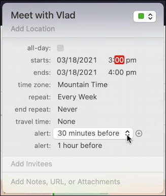 mac macos calendar - recurring event - weekly alerts