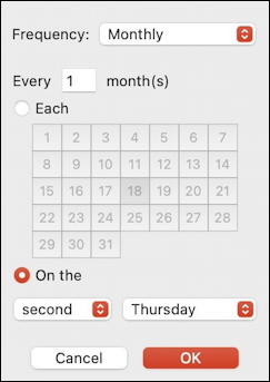 mac macos calendar - recurring event - complex recurrence repeat