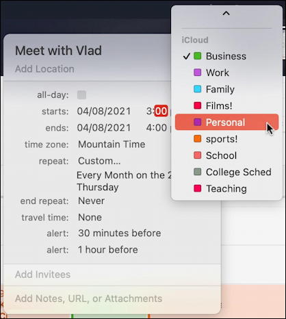 mac macos calendar - recurring event - choose calendar