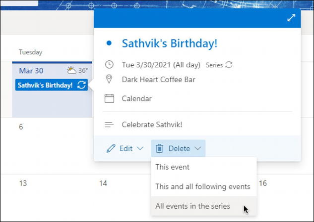 outlook.com calendar - add create recurring event - delete