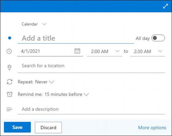 outlook.com calendar - basic event entry - 