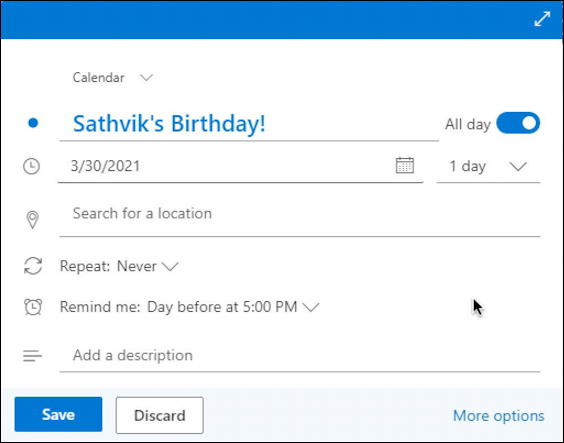 outlook.com calendar - basic event entry - birthday 