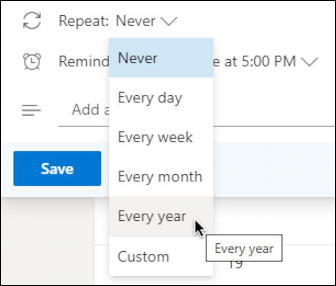 outlook.com calendar - basic event entry - birthday - repeat frequency