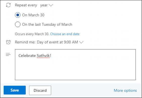 outlook.com calendar - basic event entry - birthday - additional info