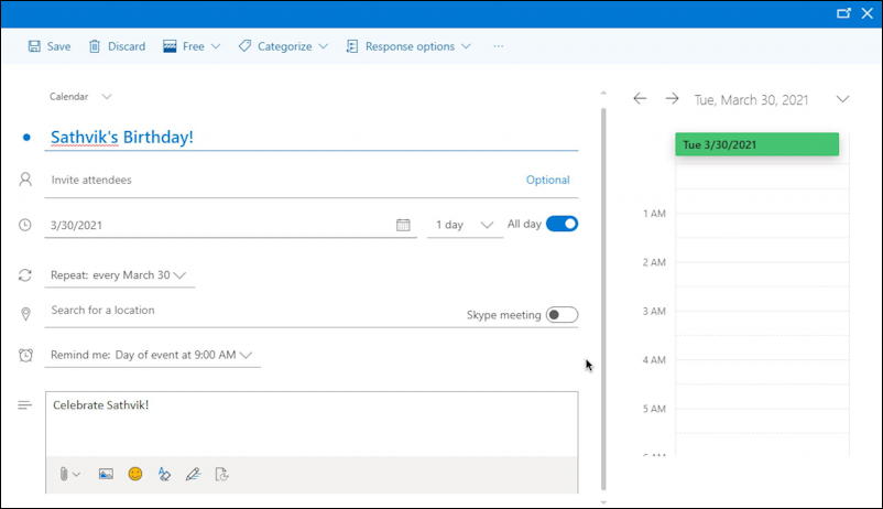outlook.com calendar - basic event entry - birthday advanced