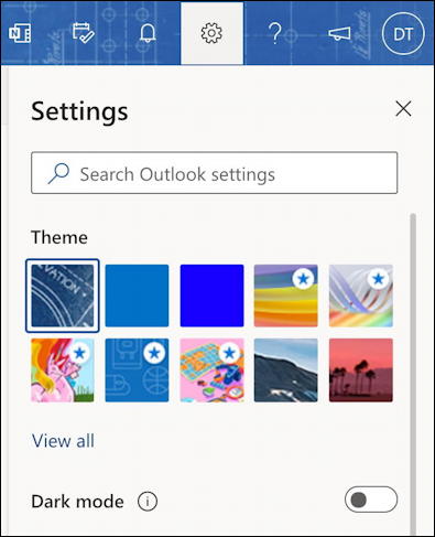 outlook.com settings - gear menu