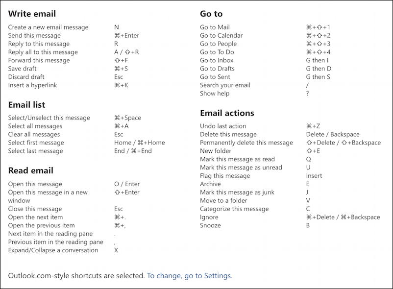 outlook.com settings - keyboard shortcuts settings preferences - cheat sheet summary