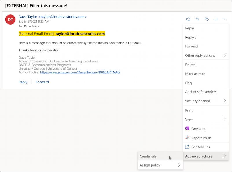 outlook.com - create email filter - message in inbox - menu