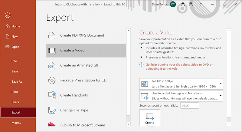 microsoft powerpoint presentation - record slide show - export as mp4
