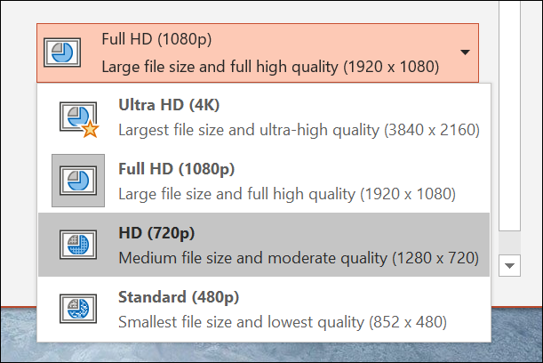 microsoft powerpoint presentation - slide show - export movie - resolution size