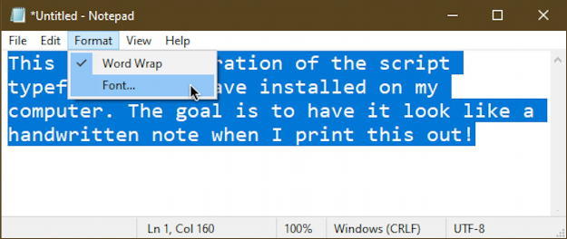 font demo - notepad - windows 10 - format