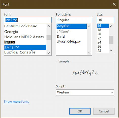 font demo - notepad - windows 10 - font selection window