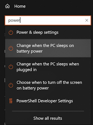 win10 settings - search for 'power'