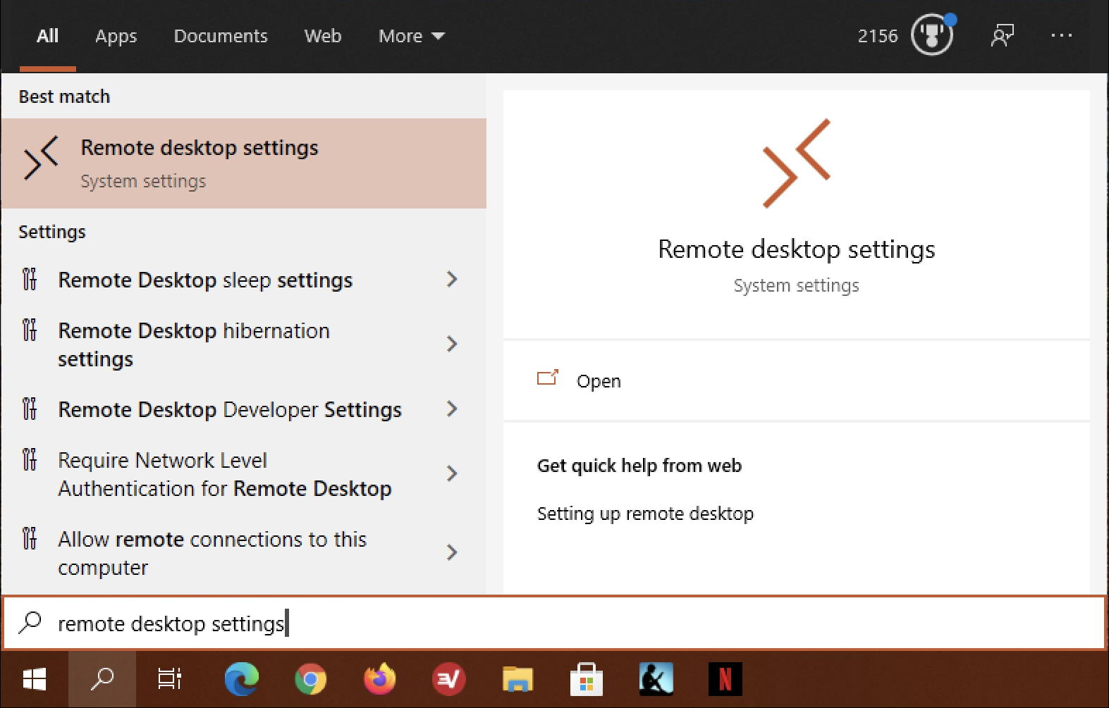win10 search 'remote desktop settings'
