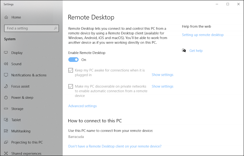 win10 remote desktop enabled