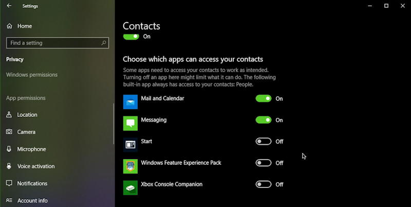 windows 10 win10 pc - settings - privacy - apps access to contacts