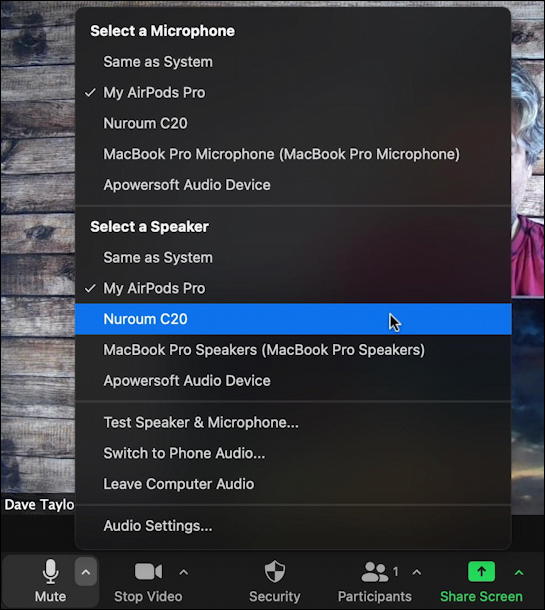 zoom meeting live - choose speaker microphone menu