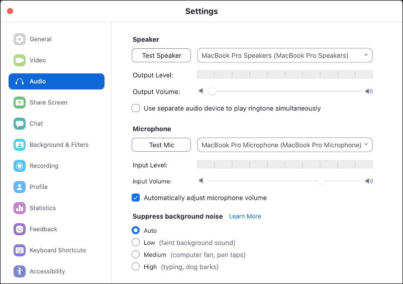 zoom - choose mic speaker camera video - settings - audio