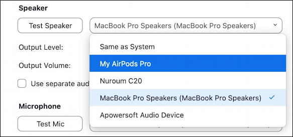 zoom - choose mic speaker camera video - settings - speaker choices