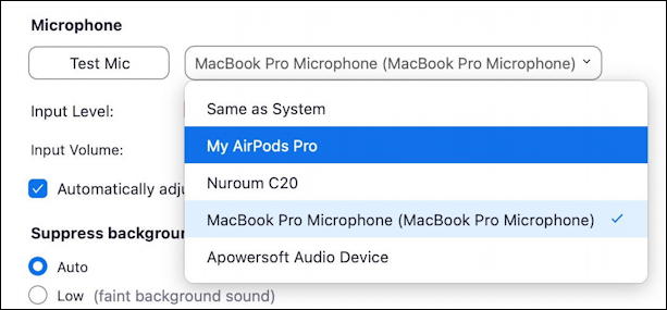 zoom - choose mic speaker camera video - settings - mic microphone input audio options