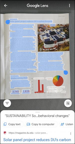 google lens android - scanned text from image camera - text selected