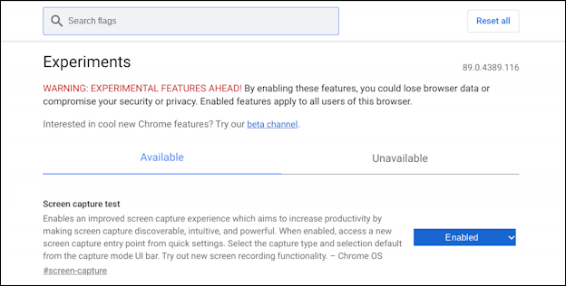 chromebook chromeos - settings flags preferences screenshot screen capture