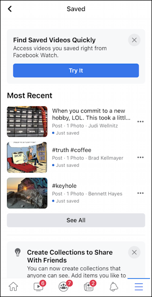 facebook save post - mobile - saved posts collections